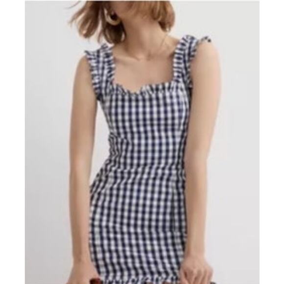 J. Crew Dresses & Skirts - J. Crew Poplin Mini Dress 10 Navy Check Ruffle Trim Cotton Smocked Summer